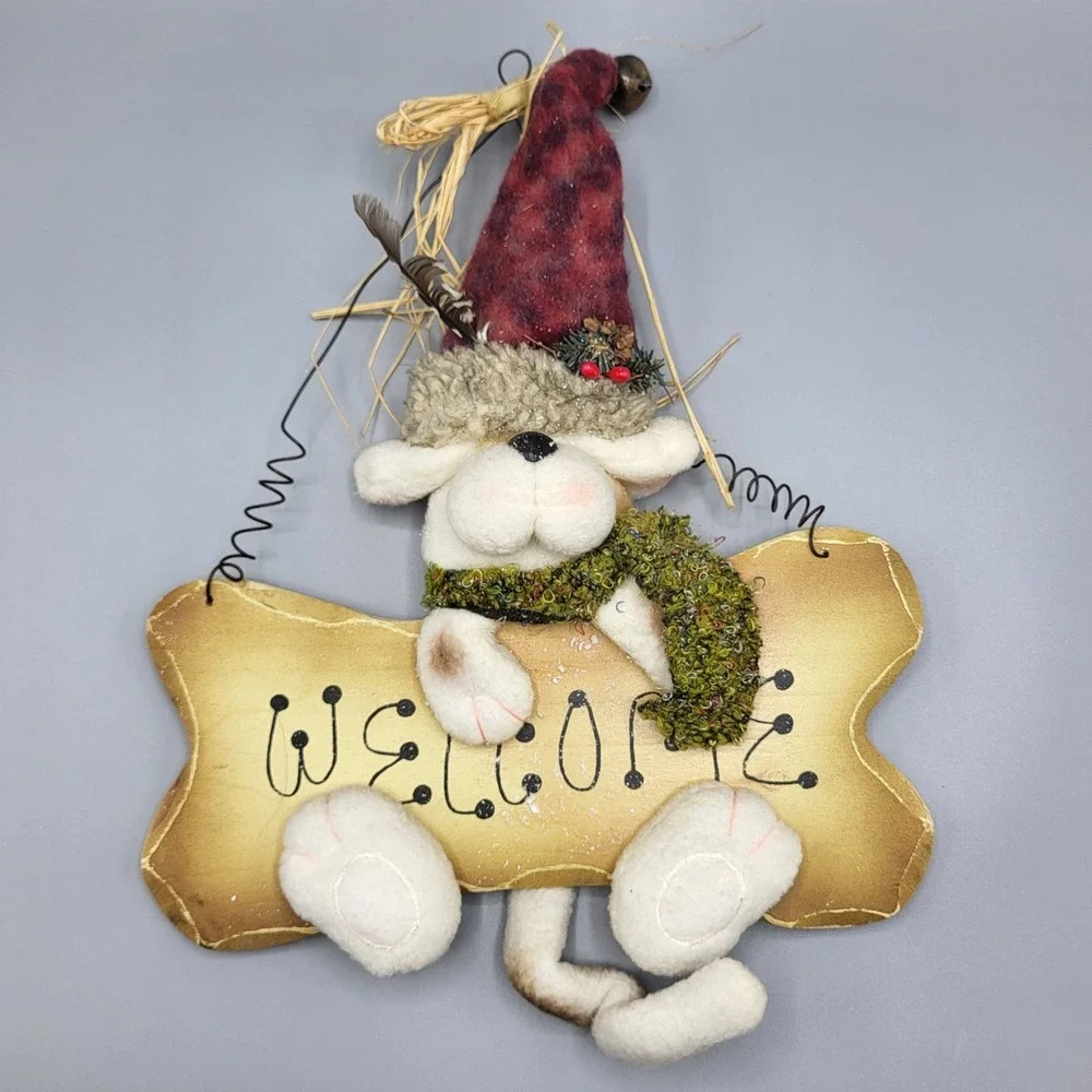 Vintage Puppy Dog Welcome Sign Wooden Wall Door 3D Hanging Plush Wood